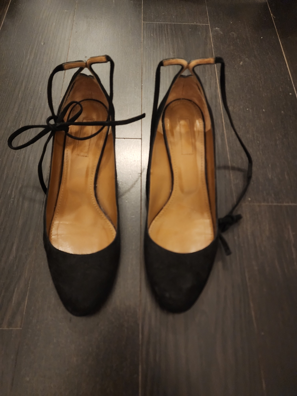 Aquazzura Black Suede Ankle-Tie Pumps